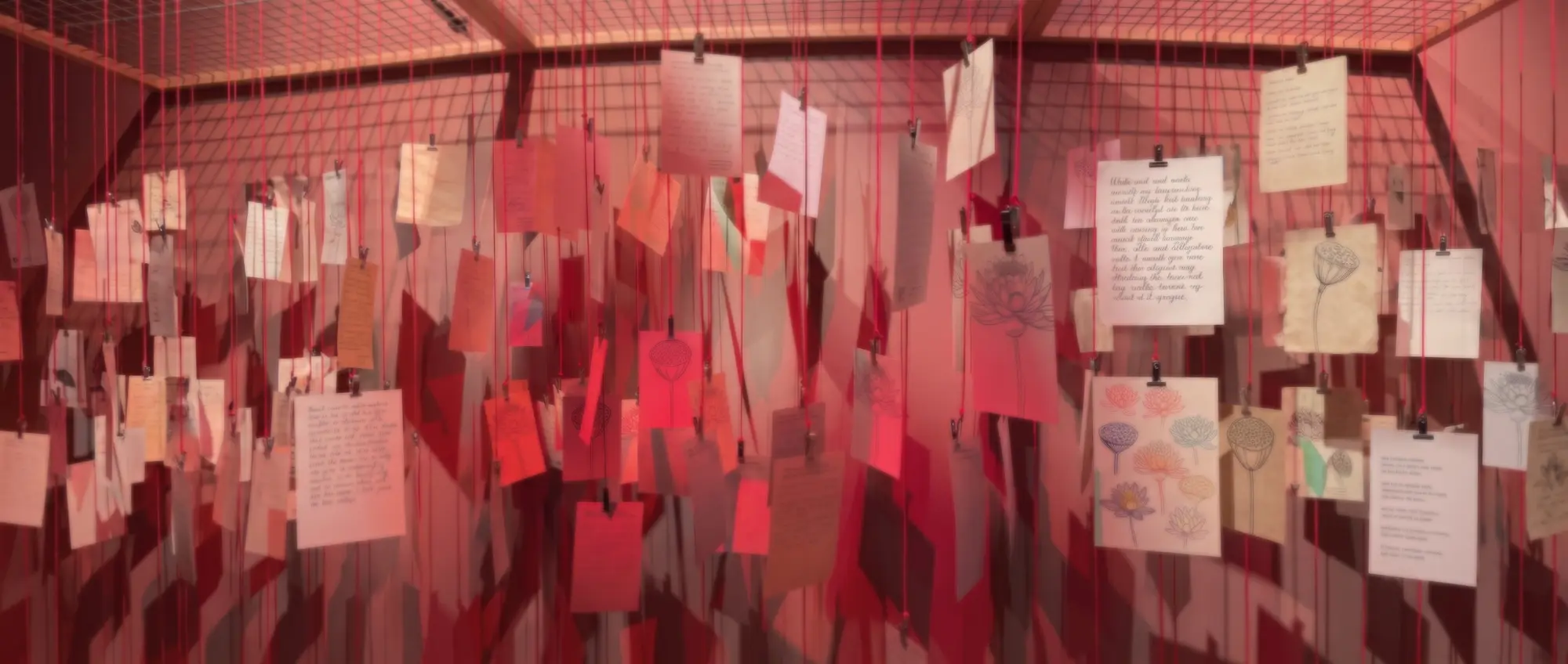 A wall of ideas: handwritten notes and sketches hung on strings