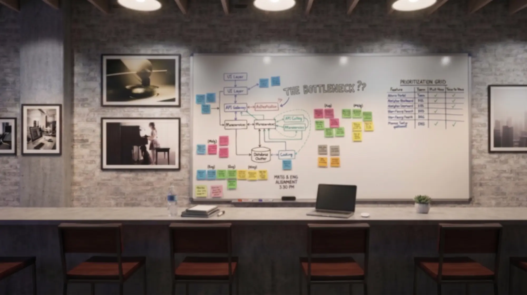 An industrial loft war room in soft focus: a whiteboard mapping an architecture and a prioritization grid