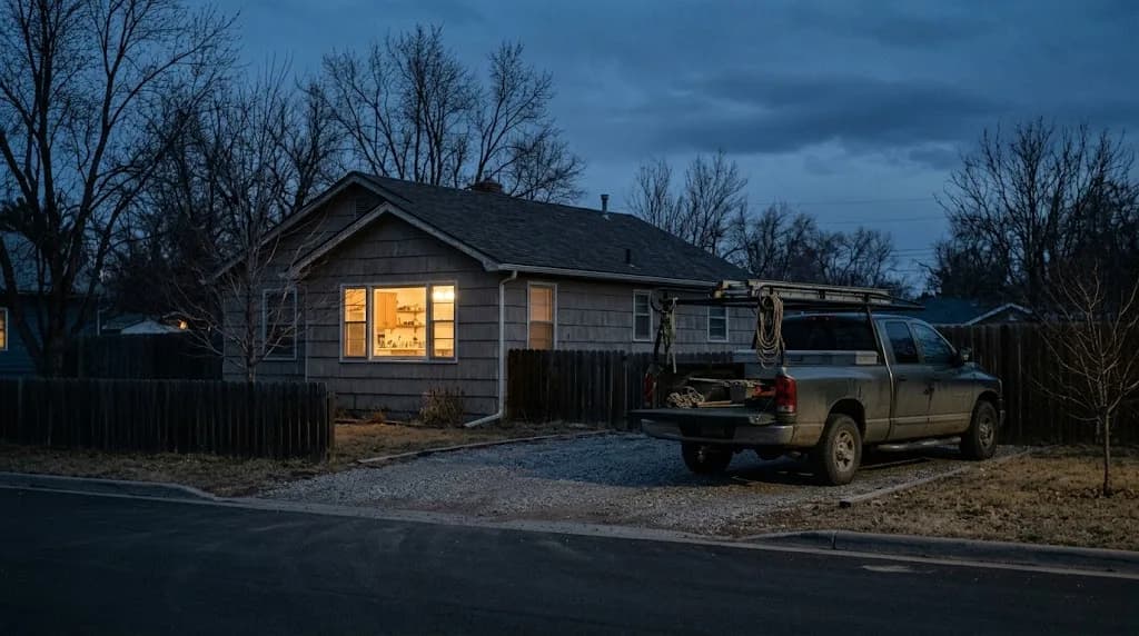 A work pickup parked in the driveway of a house with the kitchen window lit, at late blue hour