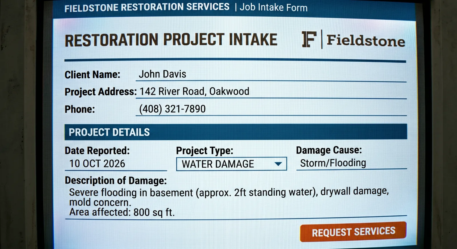 Intake form on a jobsite tablet